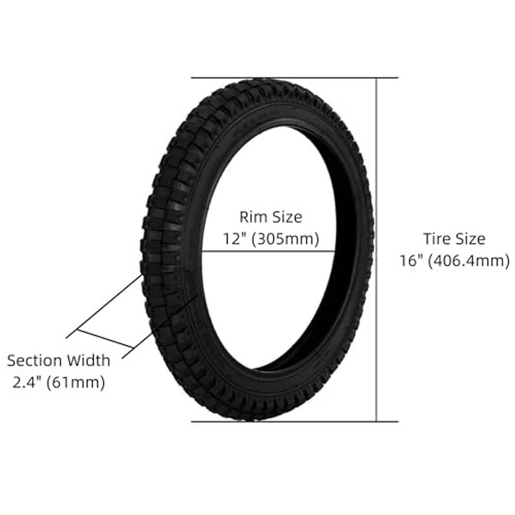 Black 16 x 2.4 bike tire with rim size and section width measurement diagram