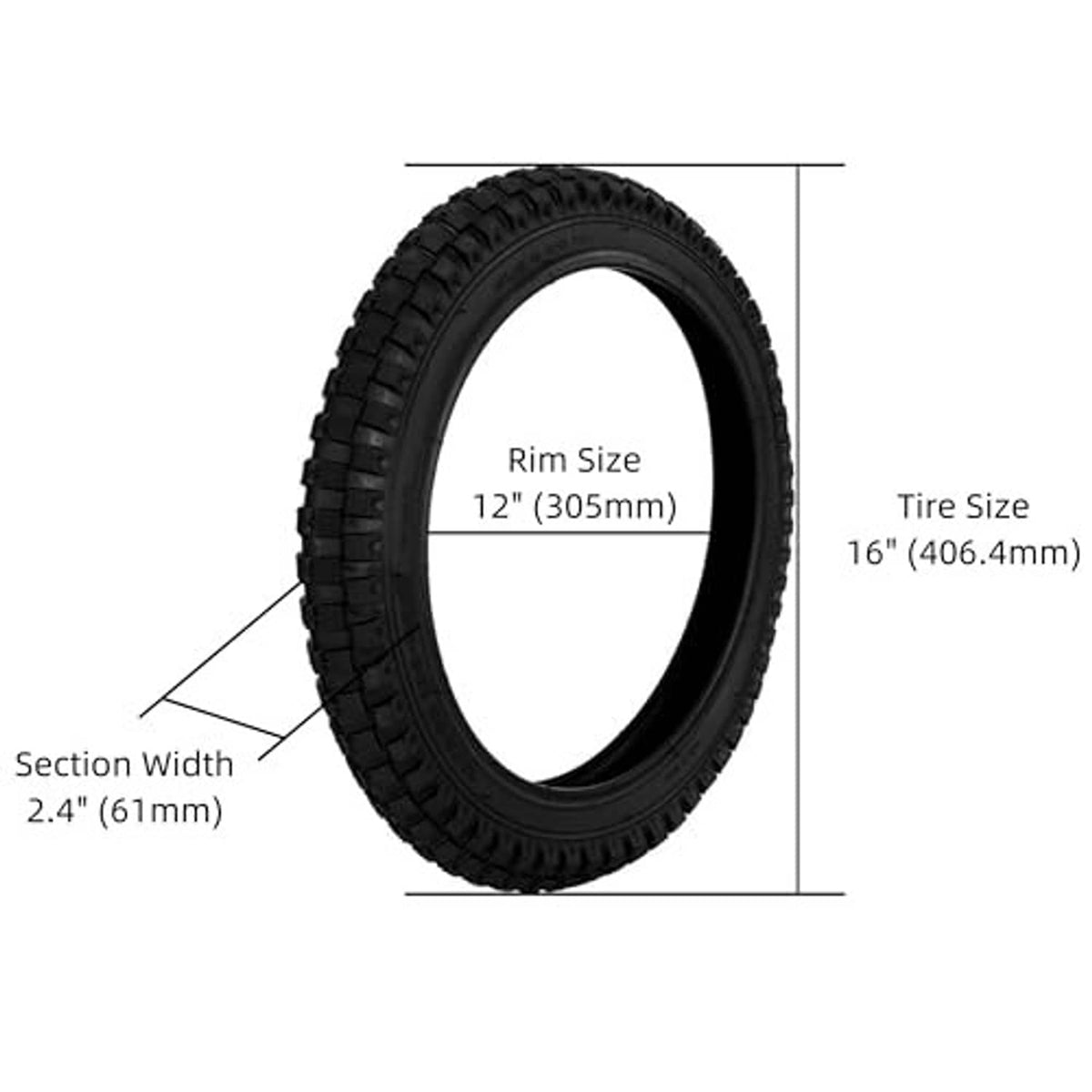 Black 16 x 2.4 bike tire with rim size and section width measurement diagram