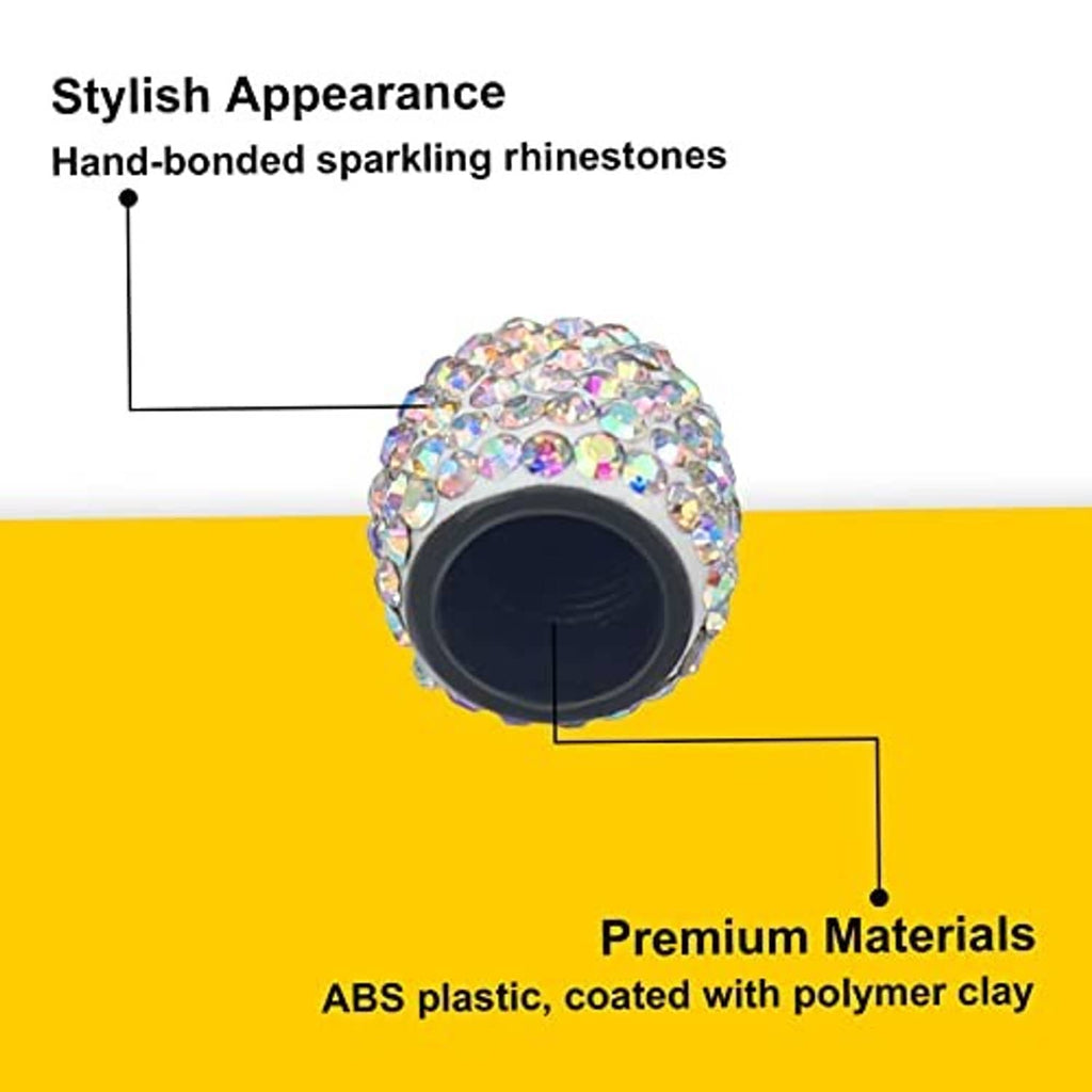 Rhinestone tire valve stem cap with multicolor AB stones over black inner opening