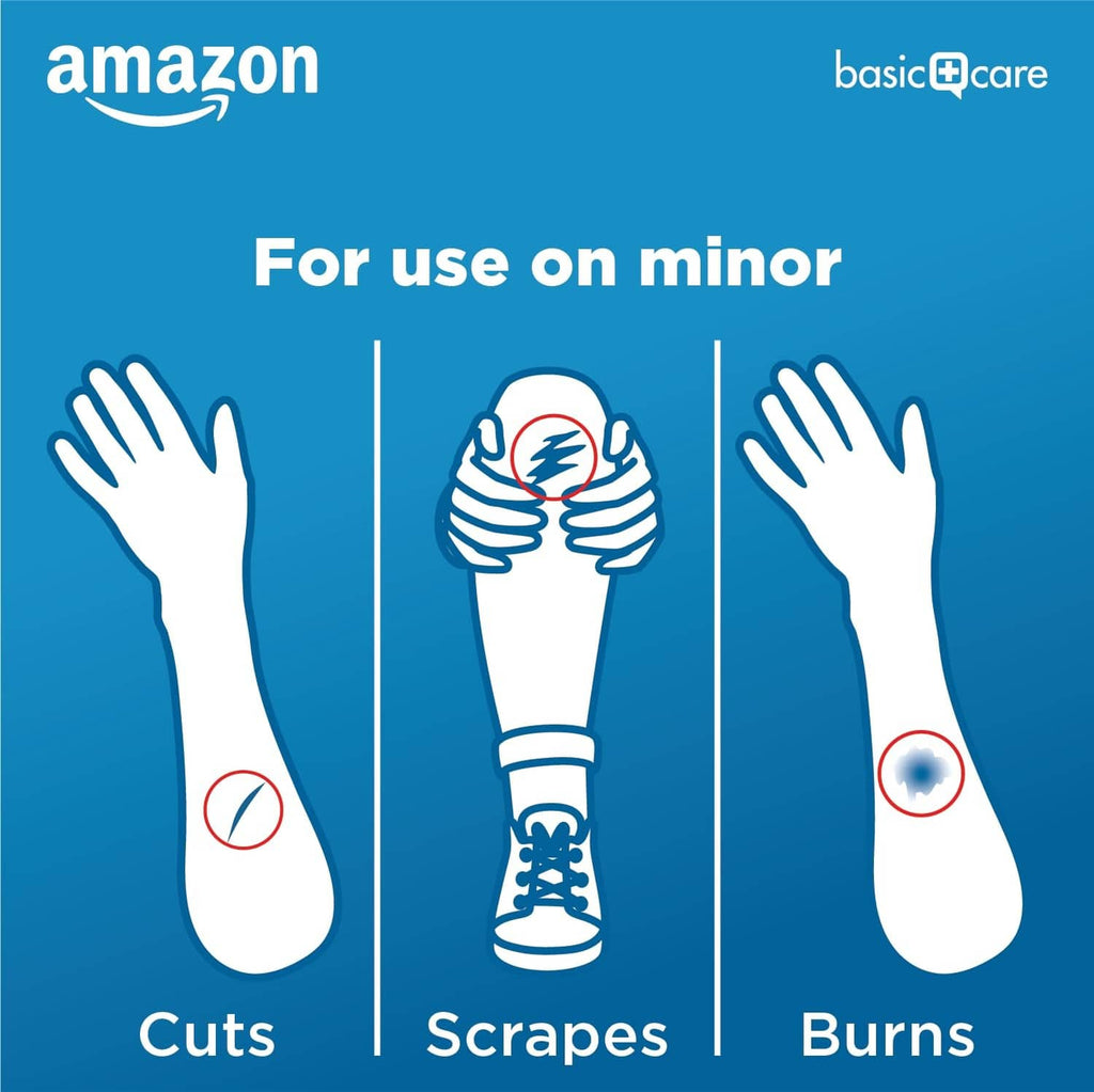 Sheer adhesive pad bandage for minor cuts, scrapes, and burns, shown on icons