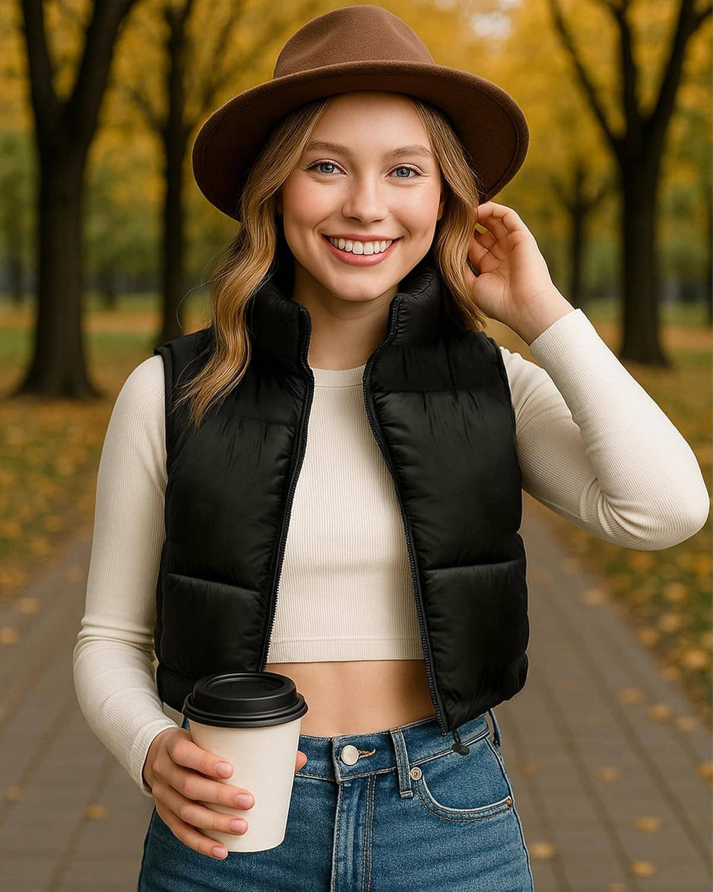 Women's cropped black puffer vest with stand collar, sleeveless design, and zip front.
