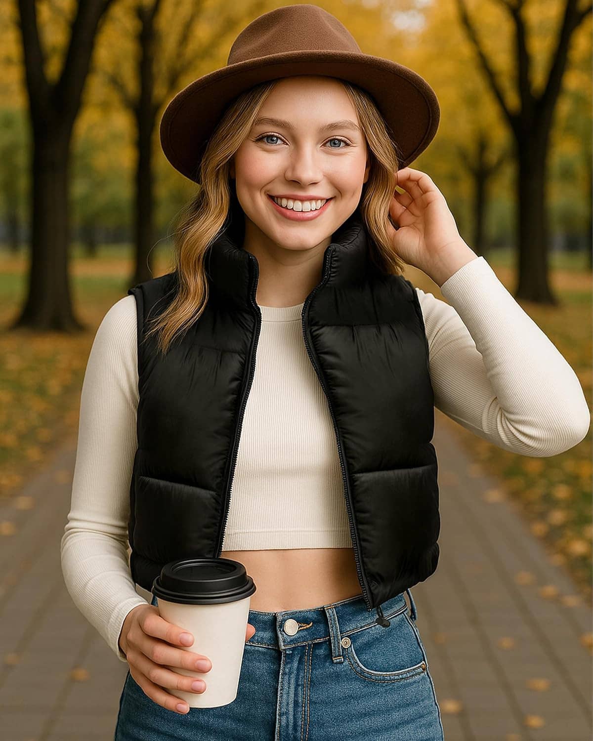 Women's cropped black puffer vest with stand collar, sleeveless design, and zip front.