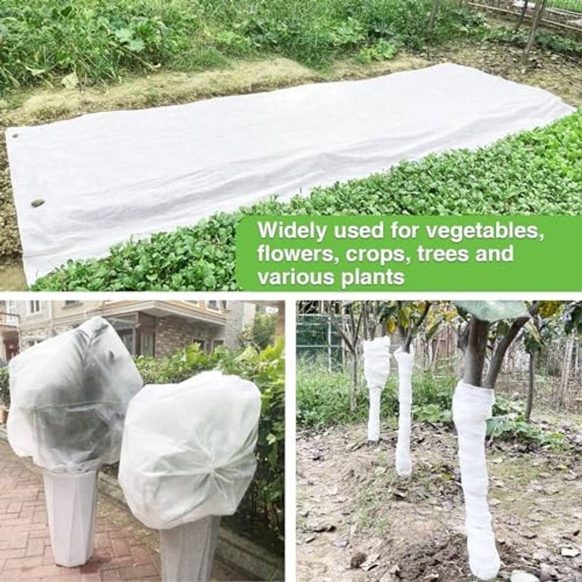 White plant freeze protection blanket covering garden plants and small trees