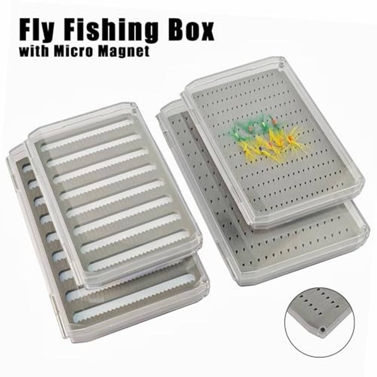 Clear fly fishing box with micro-magnet insert tray and two open compartment sections