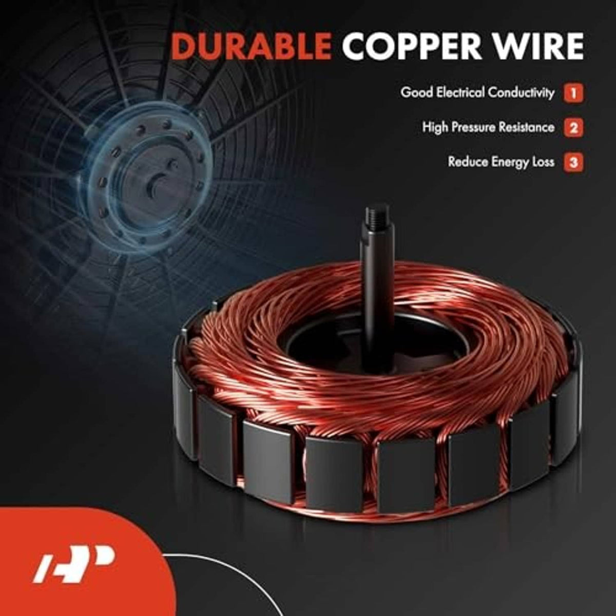 Fan motor stator with copper wire coil winding and black housing