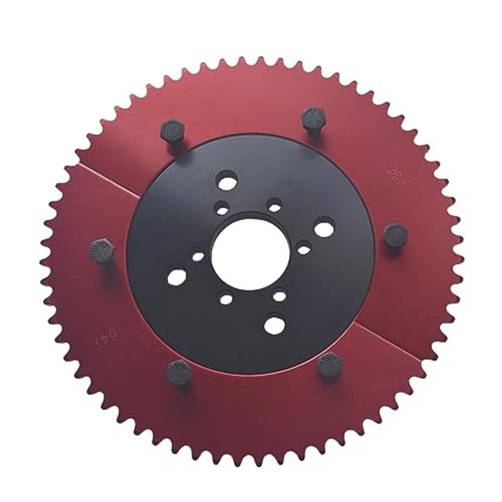 Red sprocket wheel with black center plate and raised mounting bolts