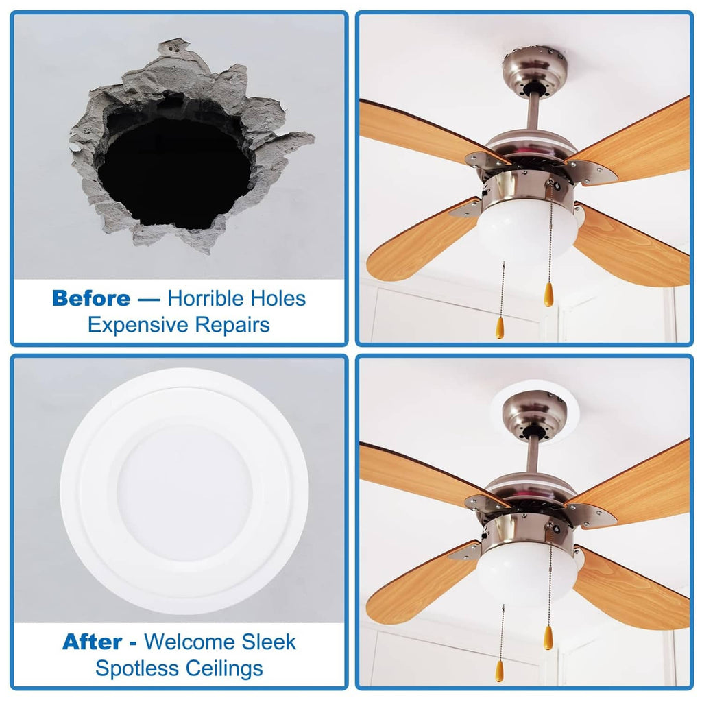 White plastic trim ring covering a recessed ceiling hole around a downlight