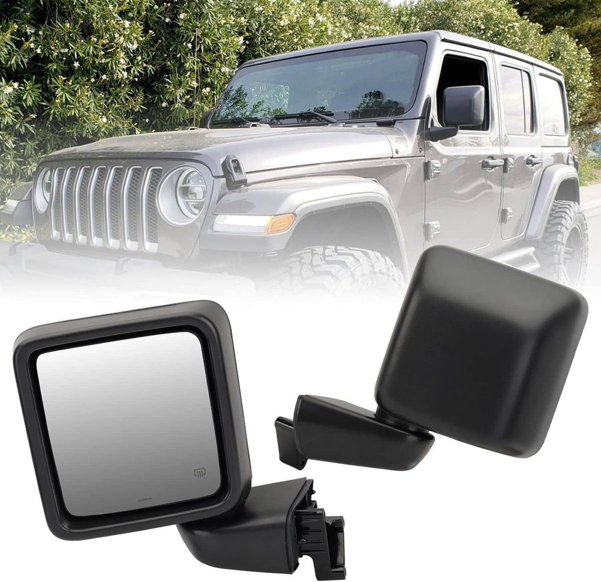 Black left driver side power heated mirror kit shown near a Jeep Wrangler