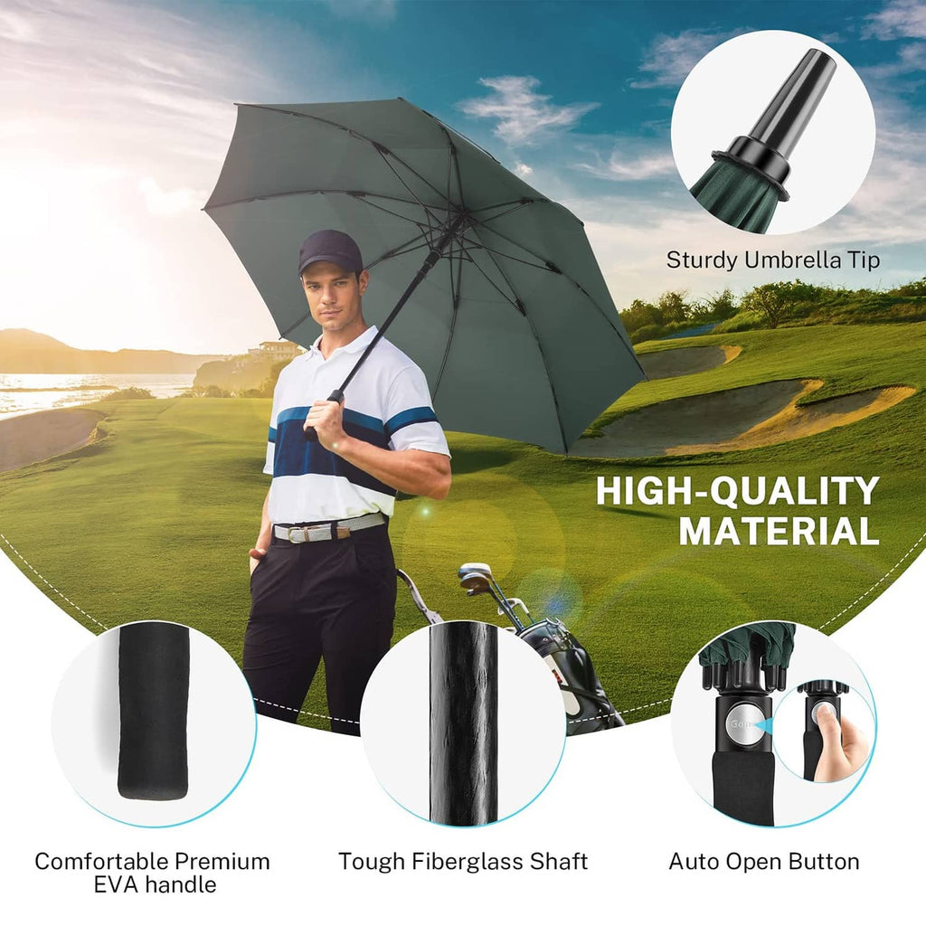 Dark green golf umbrella open with sturdy tip, held by a golfer