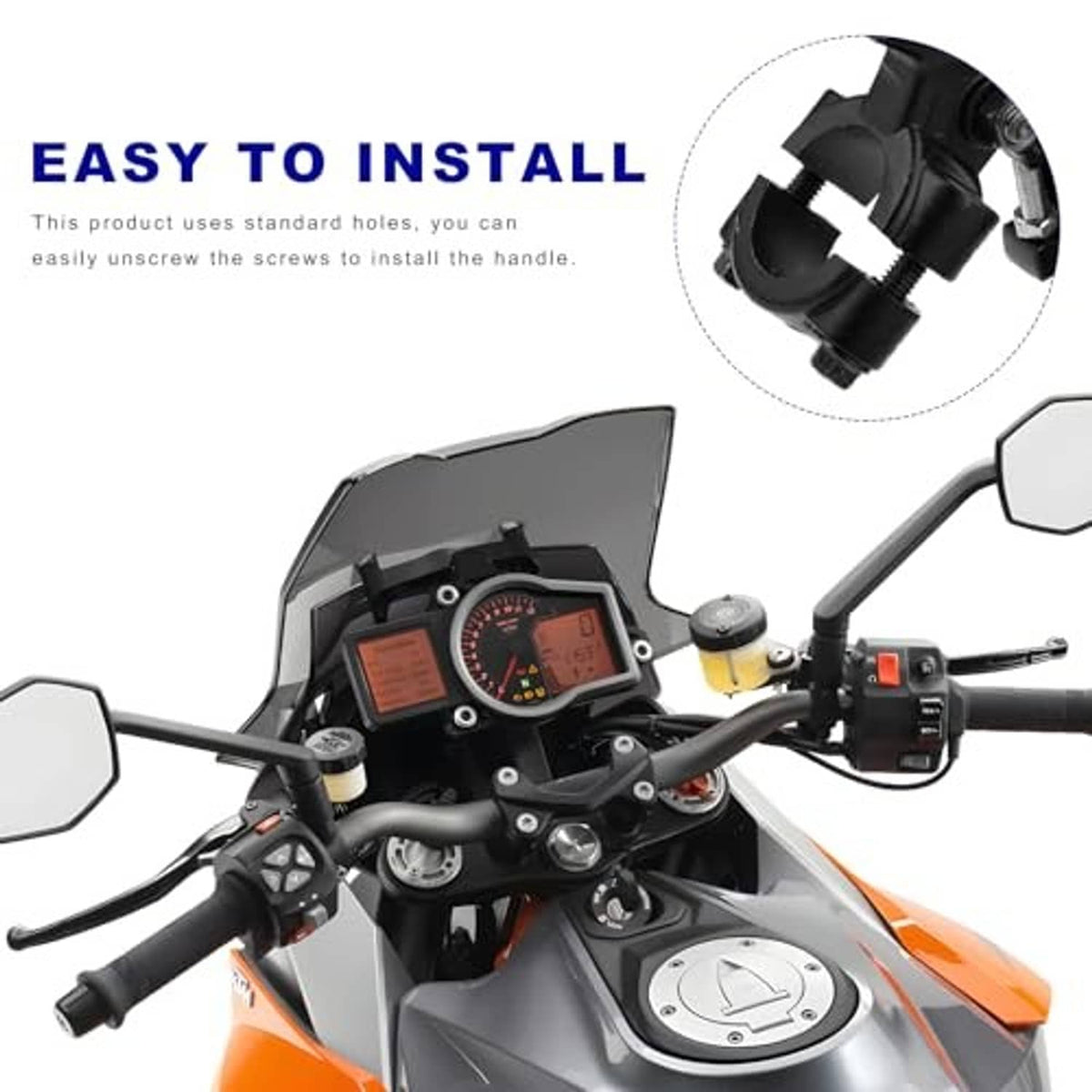 Black clutch lever assembly installed on motorcycle handlebar, wide view