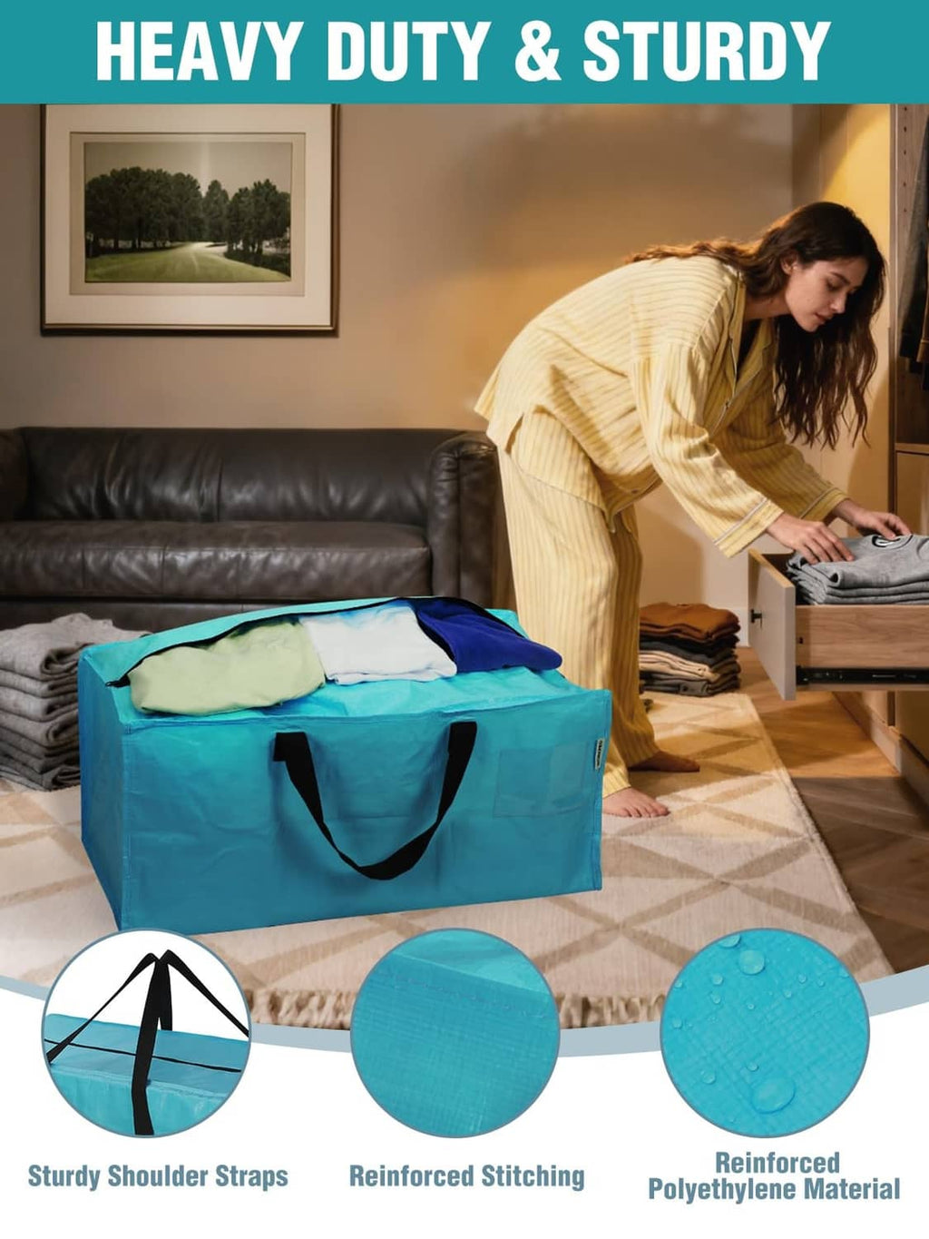 Turquoise moving bag with reinforced shoulder straps and double-stitched seams