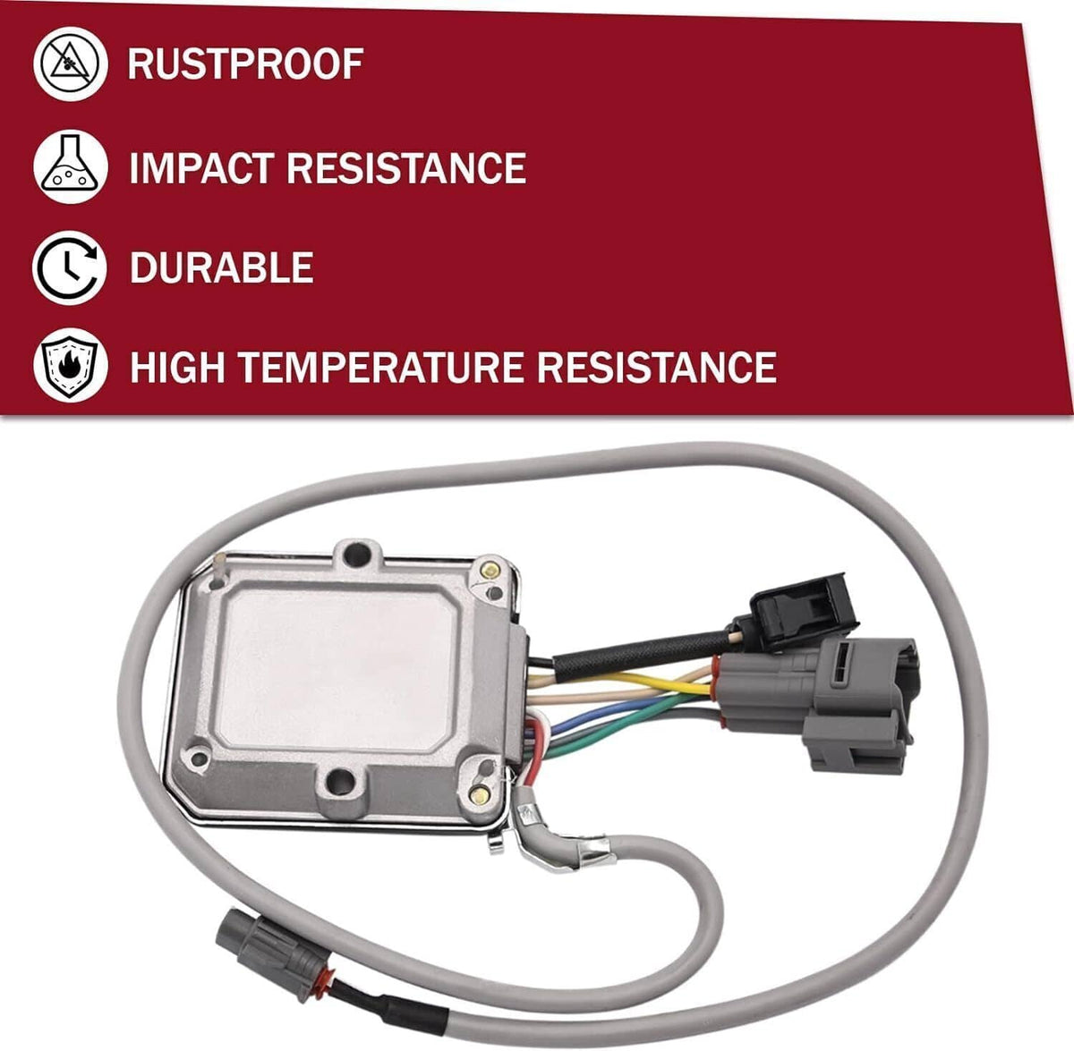 Ignition module assembly with gray cables, black connector, and silver control unit