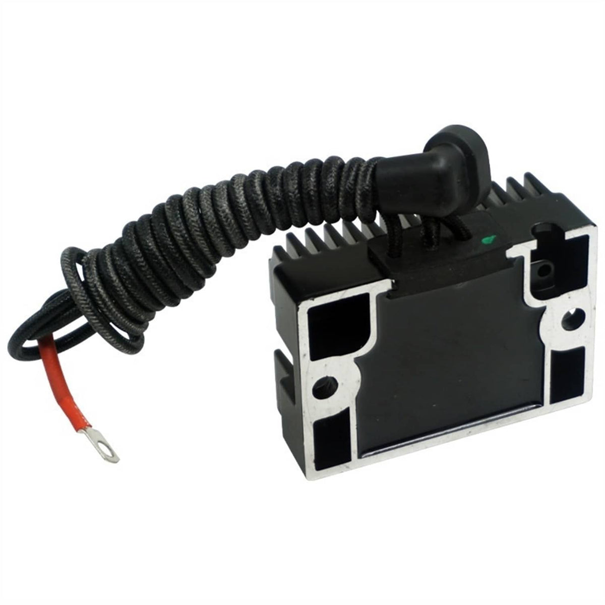 Black voltage regulator rectifier module with connector ports and coiled wire lead