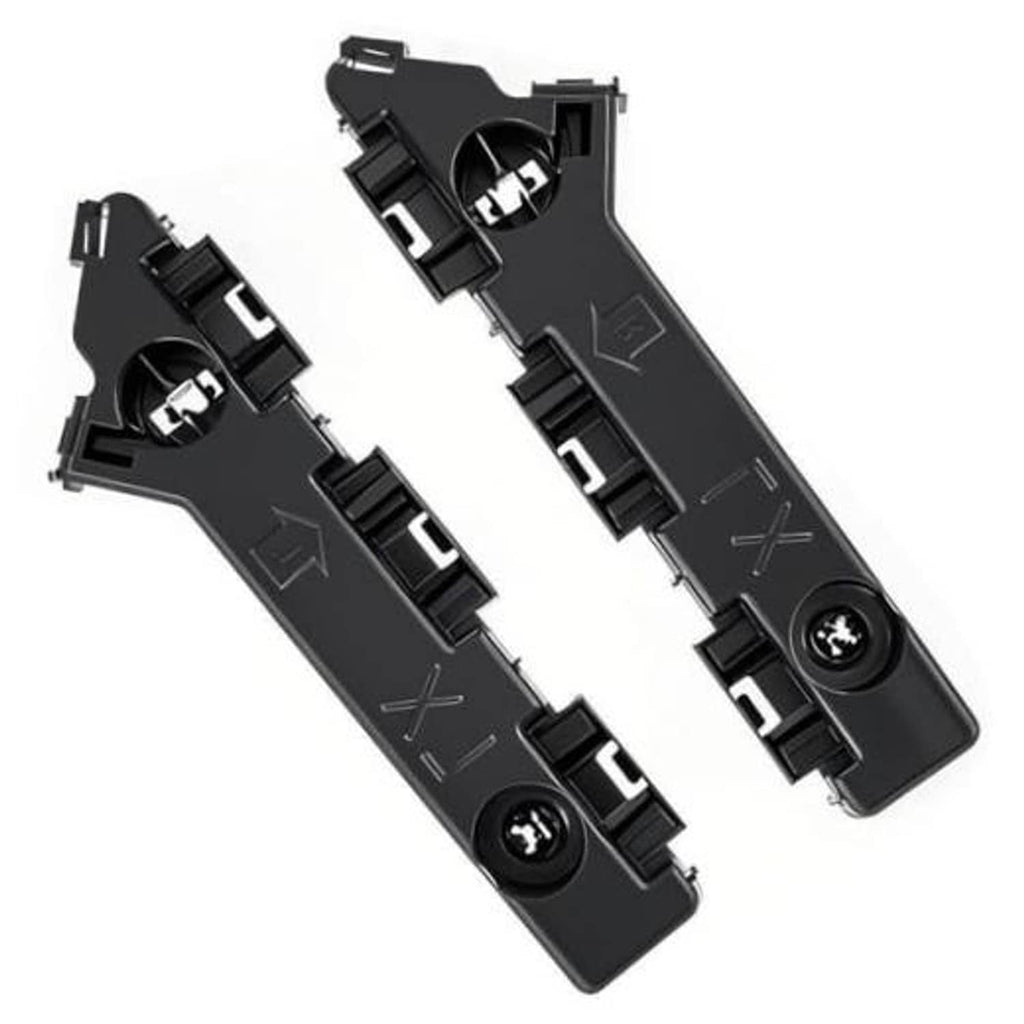 Pair of black front bumper cover mounting brackets with screw posts and clips