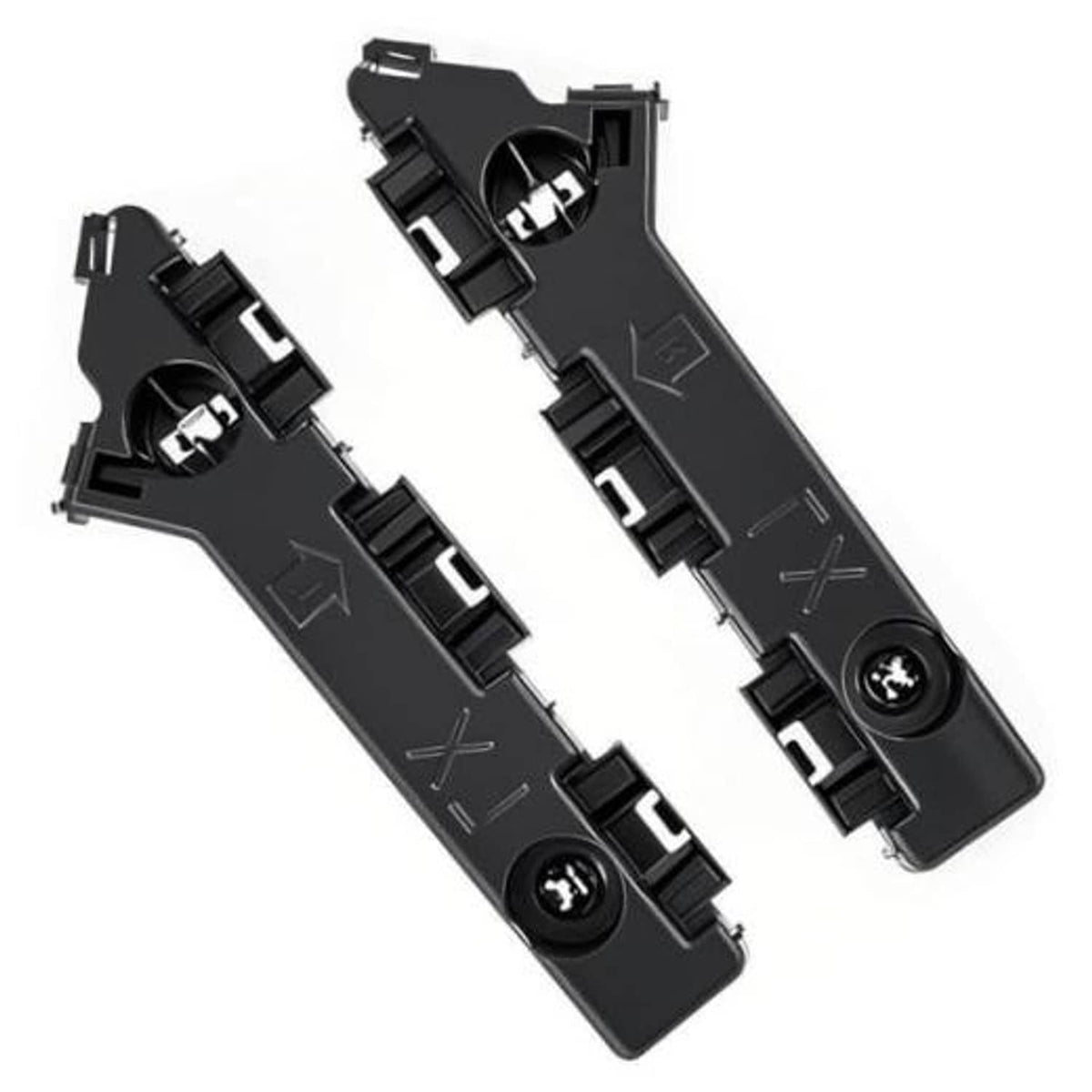 Pair of black front bumper cover mounting brackets with screw posts and clips