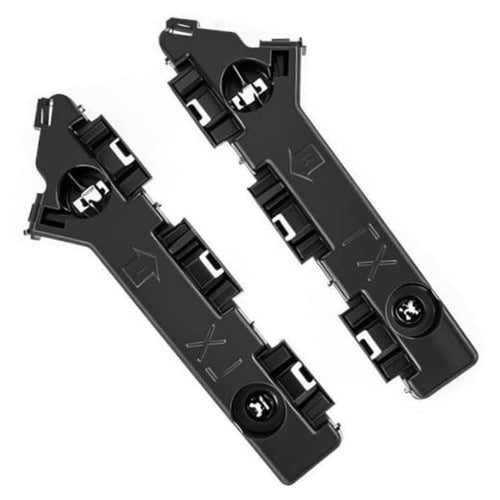 Pair of black front bumper cover mounting brackets with screw posts and clips