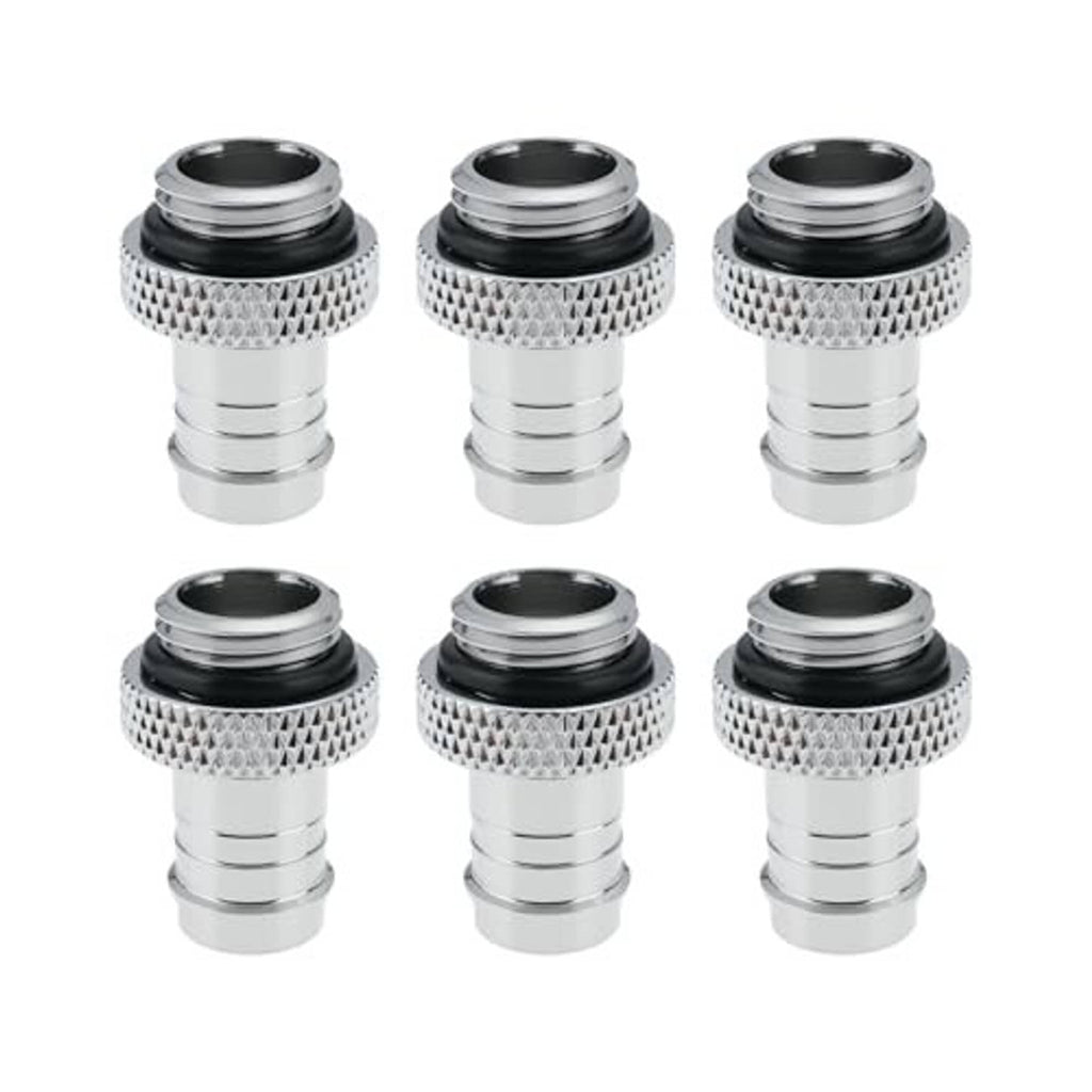 Six-piece silver hose barb fitting connectors with knurled grip and black sealing rings
