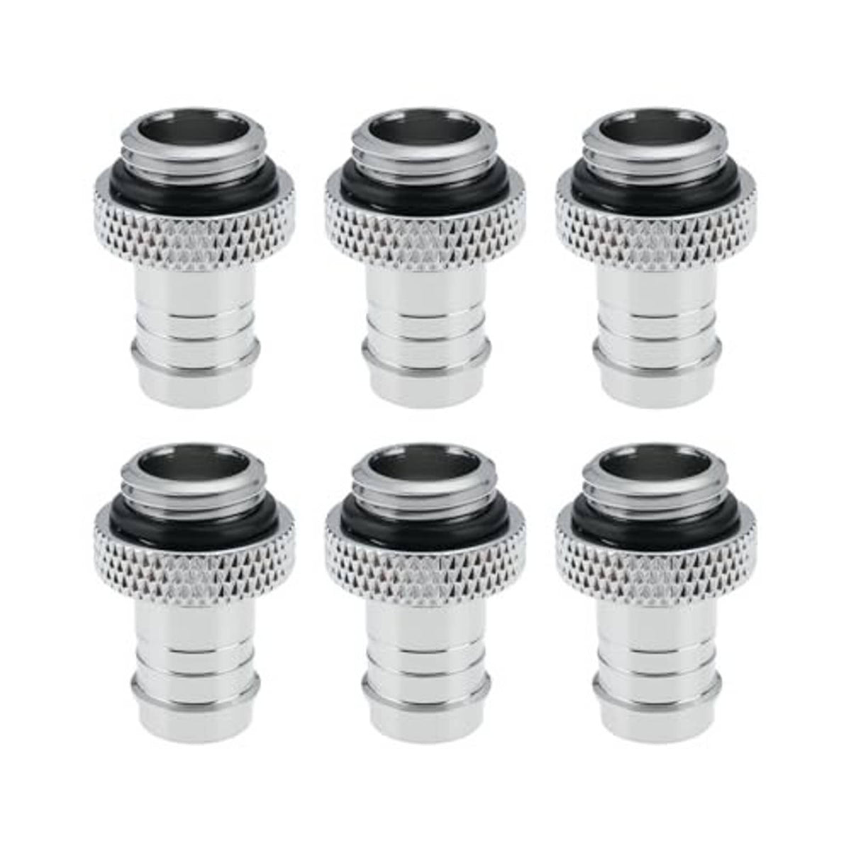 Six-piece silver hose barb fitting connectors with knurled grip and black sealing rings