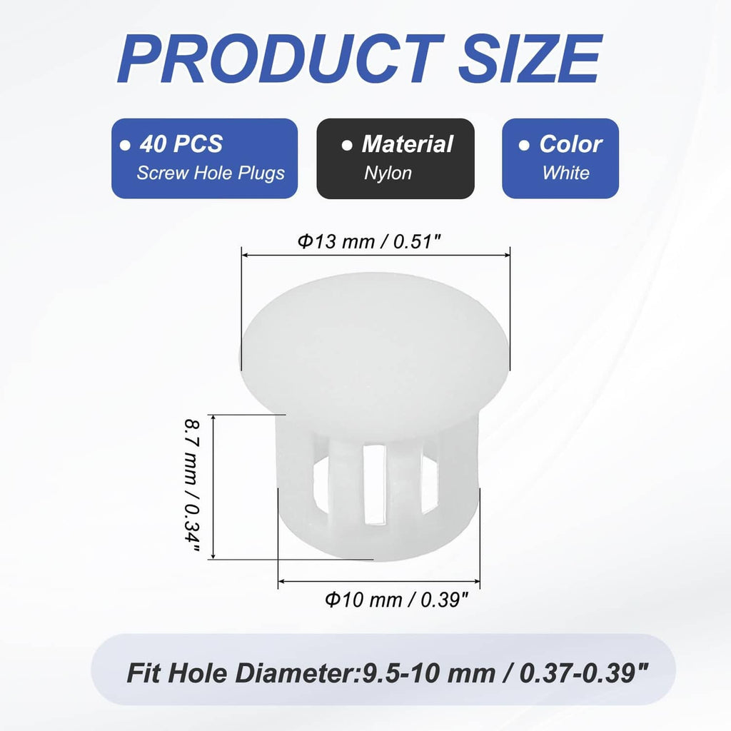 White round plastic hole plug with shown diameter and fit range for installation