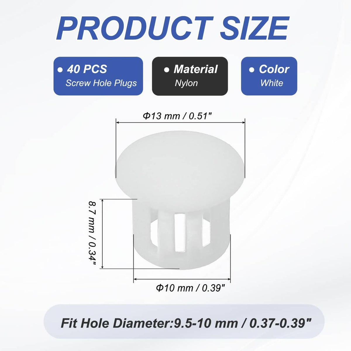 White round plastic hole plug with shown diameter and fit range for installation