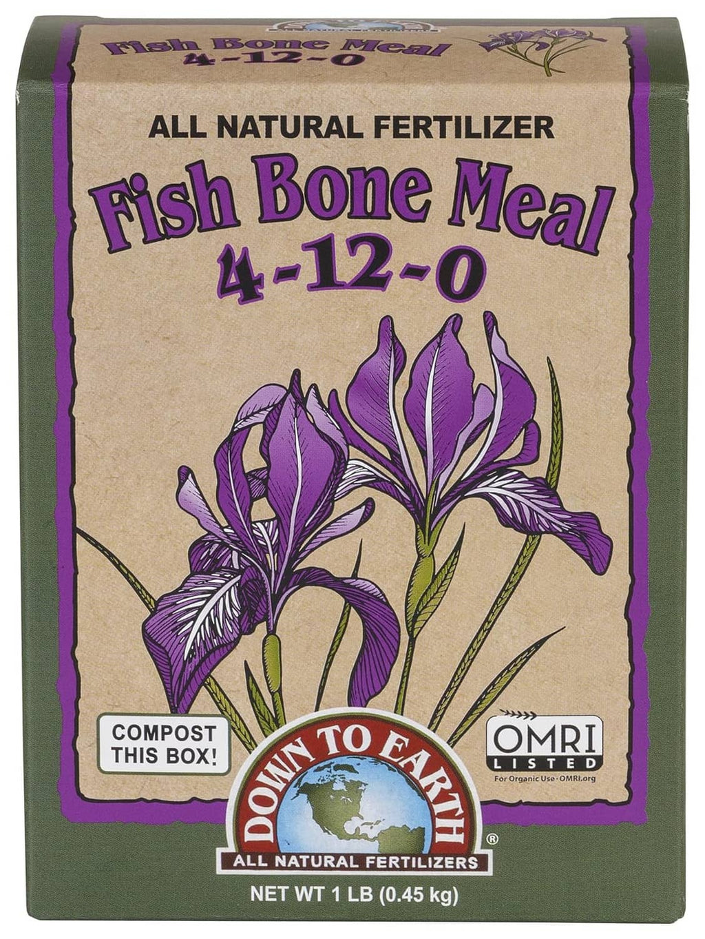 Fish bone meal fertilizer box 4-12-0 with purple iris graphic and OMRI label