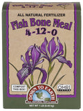 Fish bone meal fertilizer box 4-12-0 with purple iris graphic and OMRI label