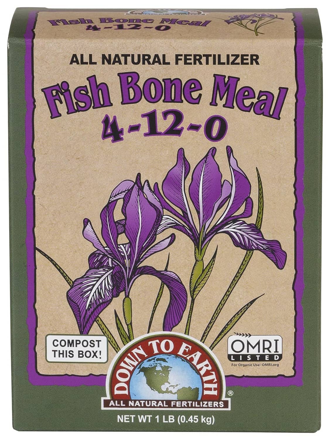 Fish bone meal fertilizer box 4-12-0 with purple iris graphic and OMRI label