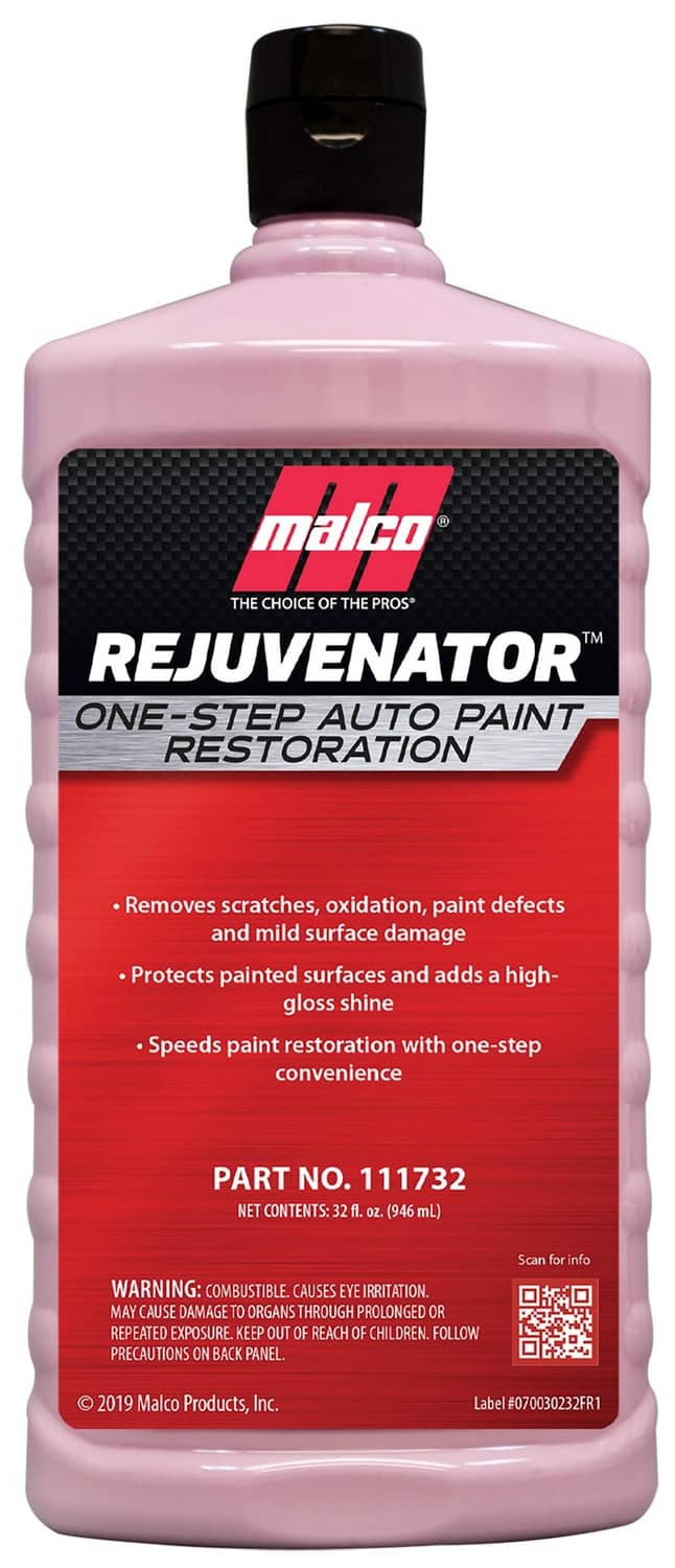 Pink auto paint restoration bottle with Malco label and black screw cap