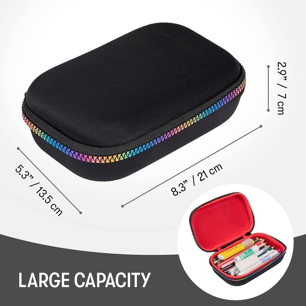 Black pencil case with rainbow zipper trim and compact rounded rectangular shape.