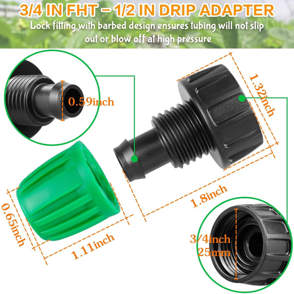 3/4 in female pipe thread to 1/2 in drip adapter, green and black, barbed design