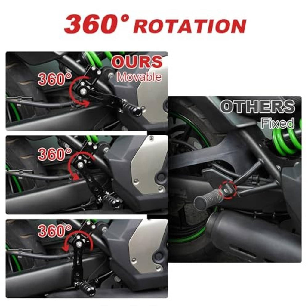 Black rotating motorcycle foot peg mount with textured peg and mounting plate