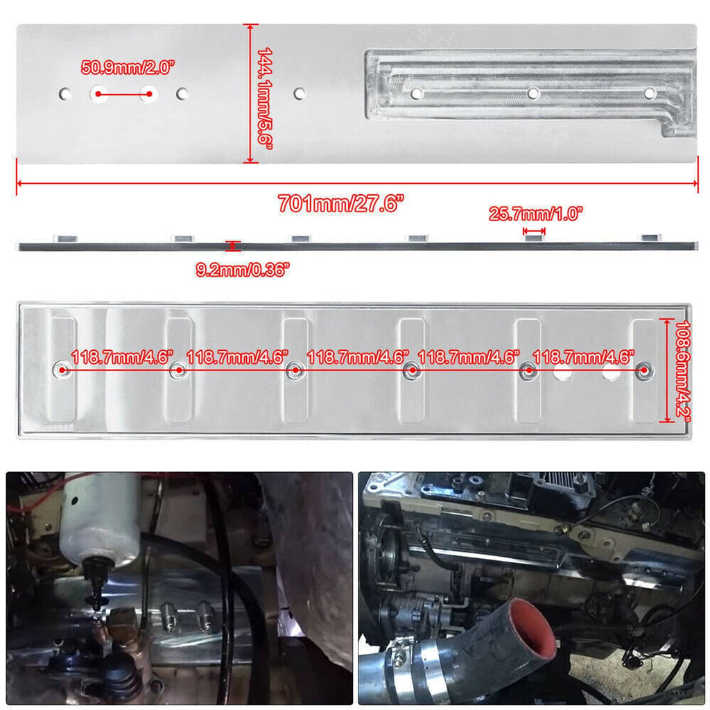 Billet tappet cover kit with silver aluminum cover panel and labeled dimension layout