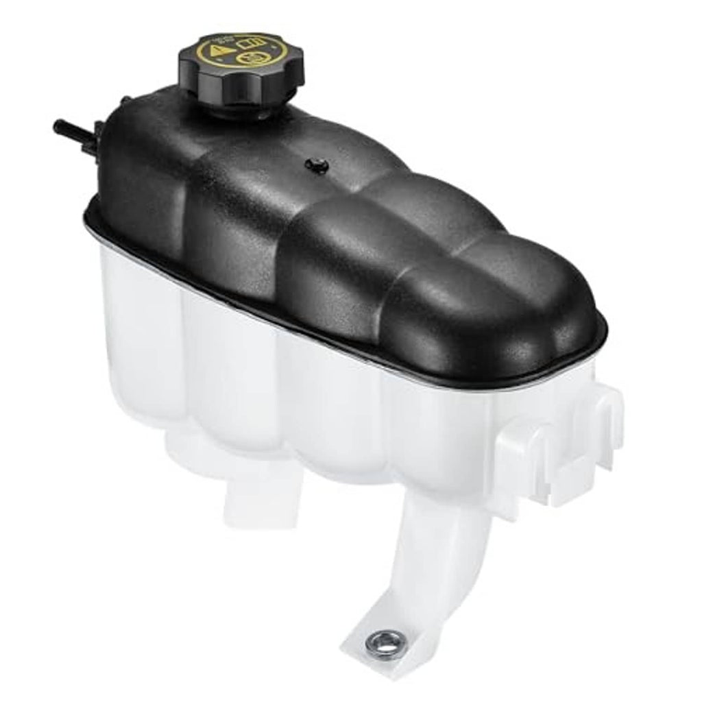 Engine coolant expansion reservoir overflow tank with outlet stud, black cap and white reservoir