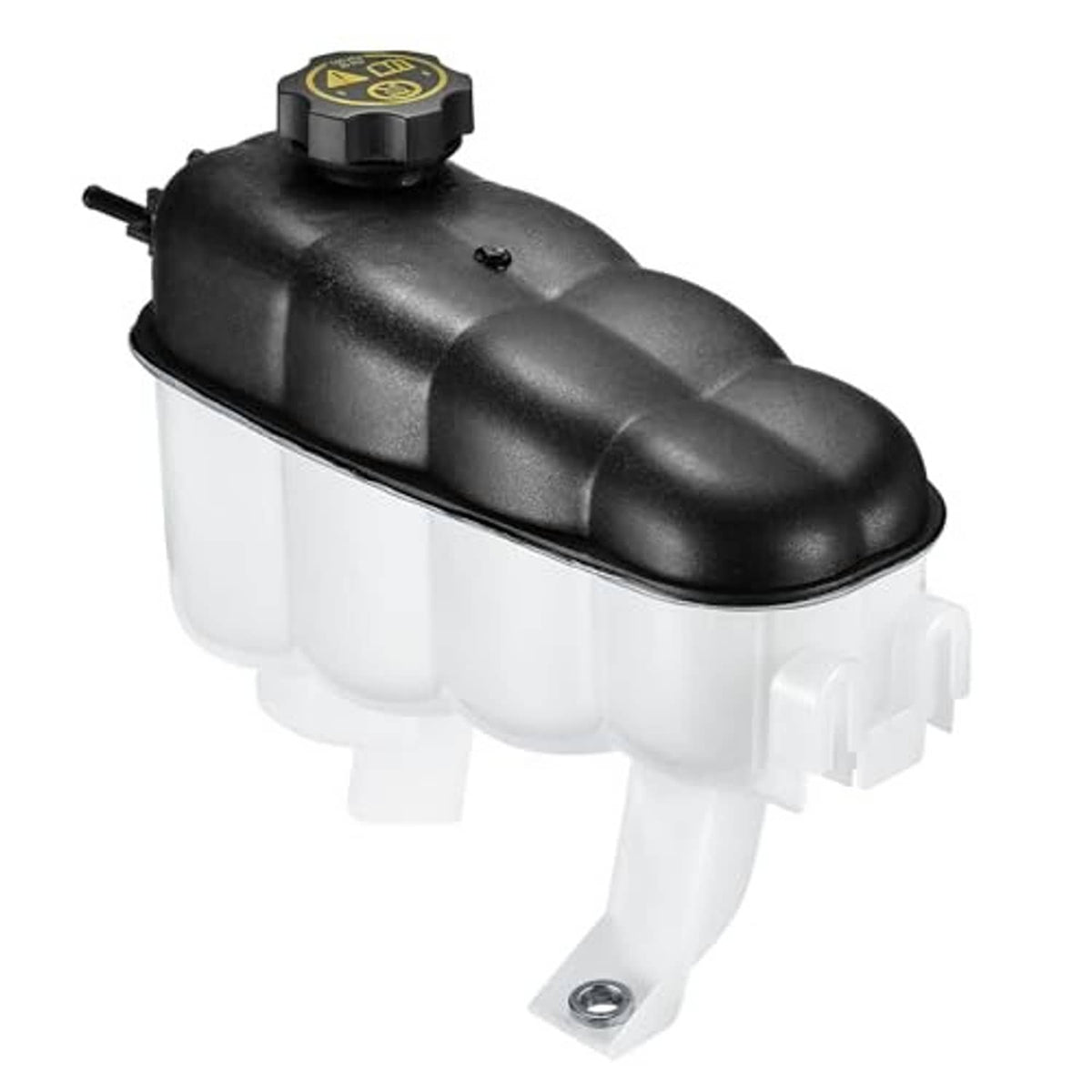 Engine coolant expansion reservoir overflow tank with outlet stud, black cap and white reservoir