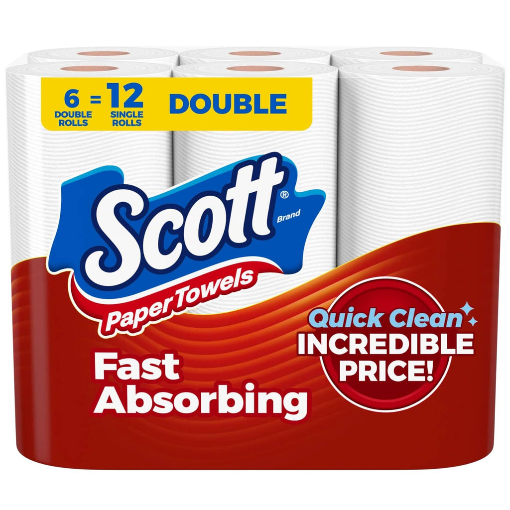 Scott double-roll paper towels pack of 6, white, fast-absorbing towels in clear wrap.