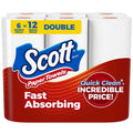 Scott double-roll paper towels pack of 6, white, fast-absorbing towels in clear wrap.