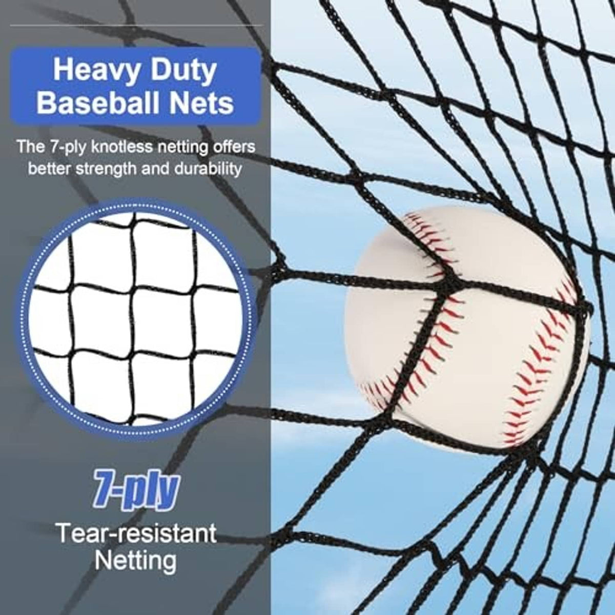 Close-up of baseball netting with baseball on mesh for practice throwing and hitting