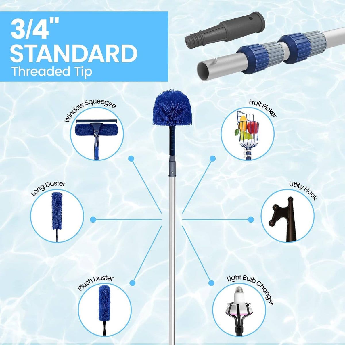 Telescopic pool pole with threaded tip and interchangeable brush or rake attachments