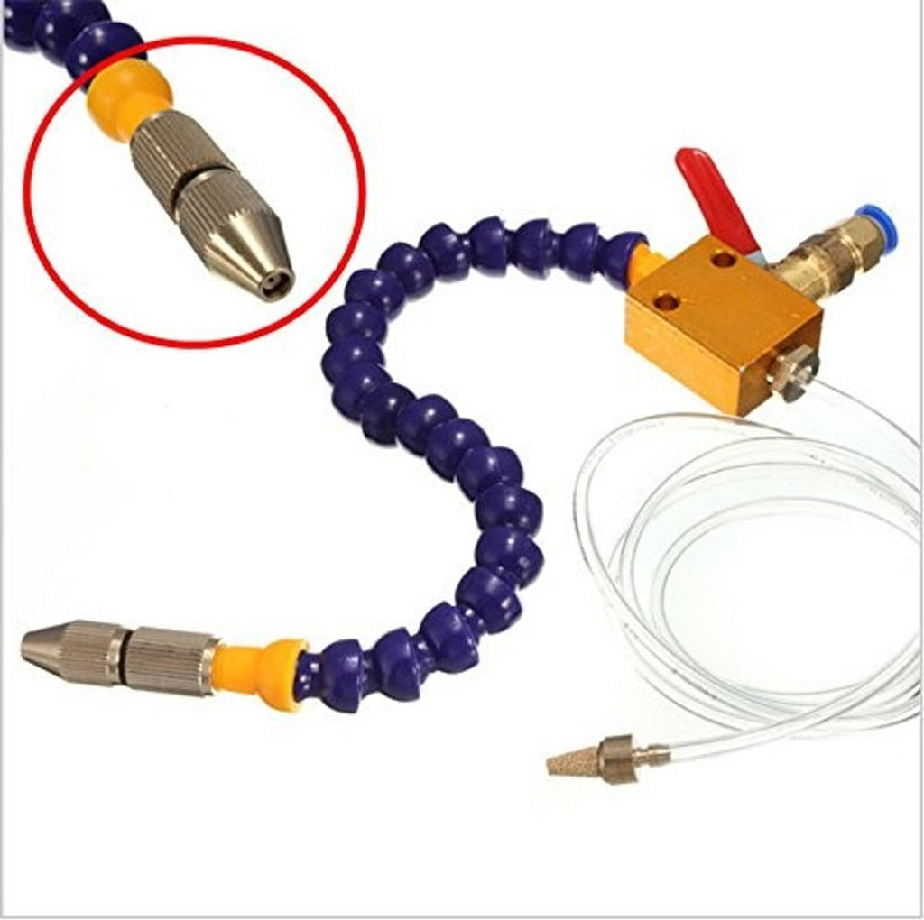 CNC mist coolant spray system with brass nozzle ends and coiled blue hose