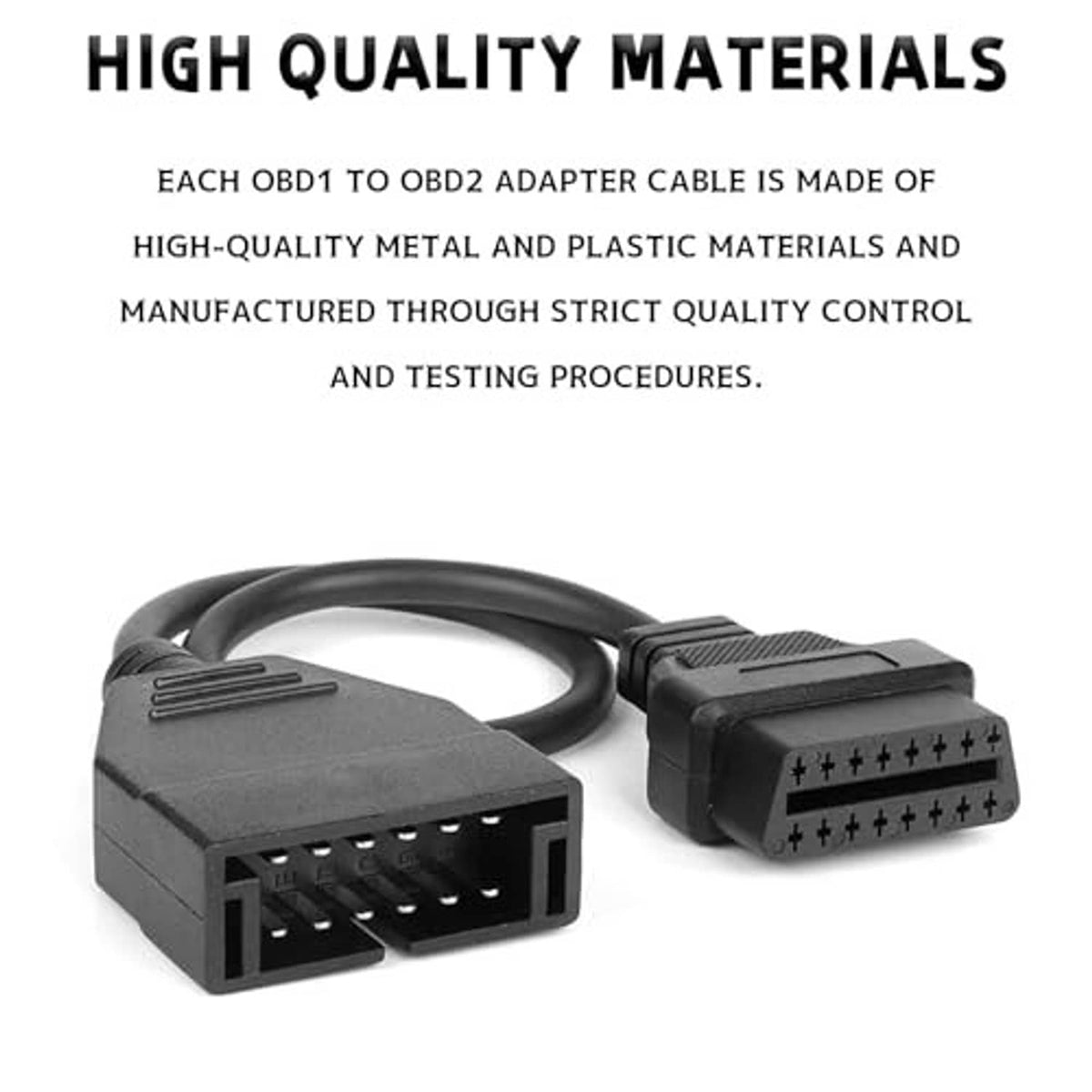 Black OBD adapter cable with 12-pin and 16-pin connectors, close-up of plug faces