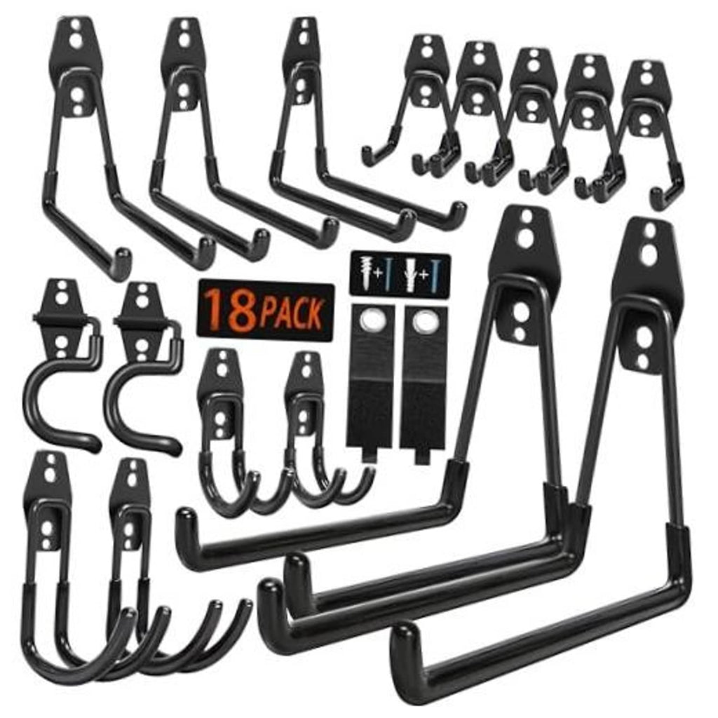 Black heavy-duty garage hook set, 18-pack U-shaped hooks with anti-slip coating