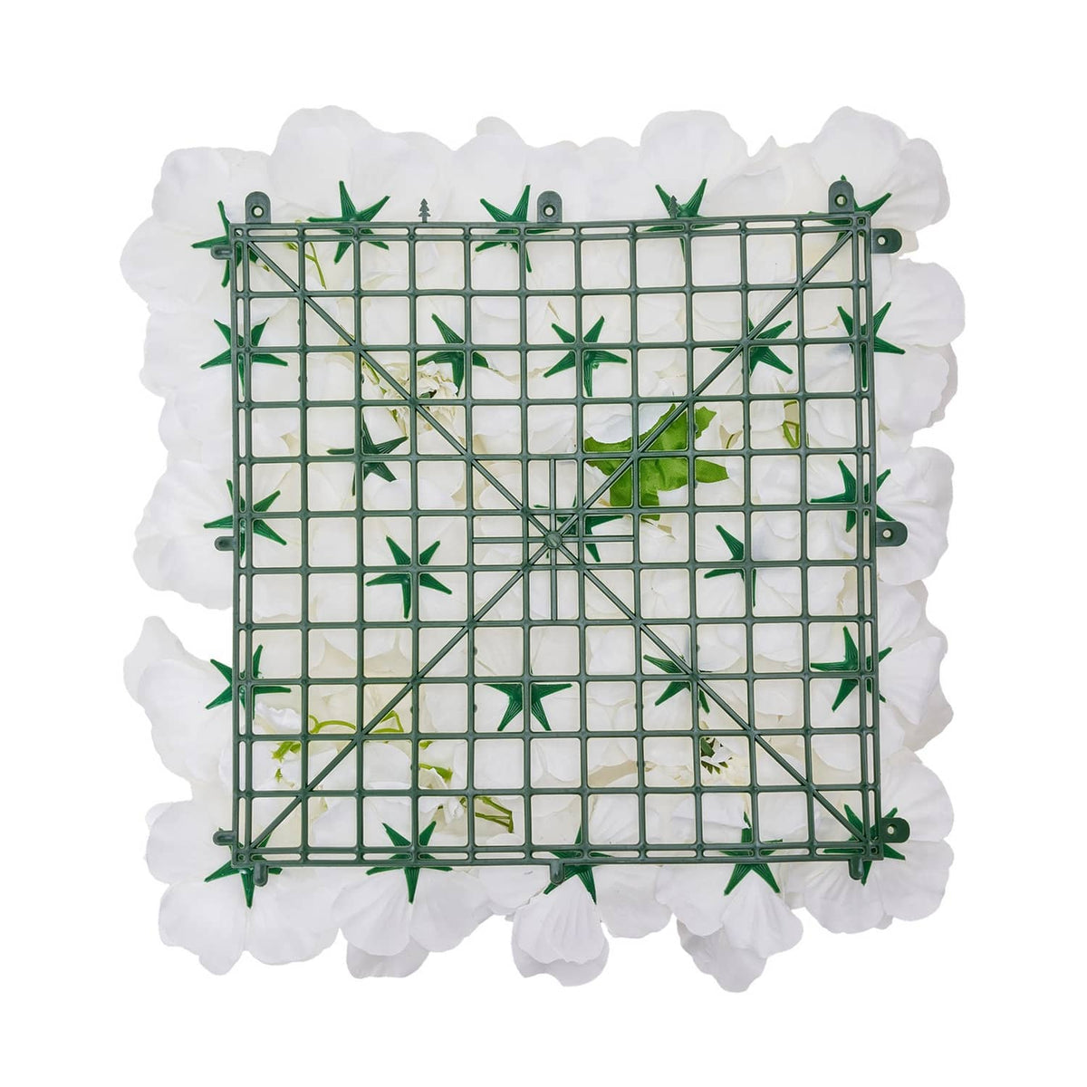 Artificial silk flower wall panel with green grid frame and white scalloped backing
