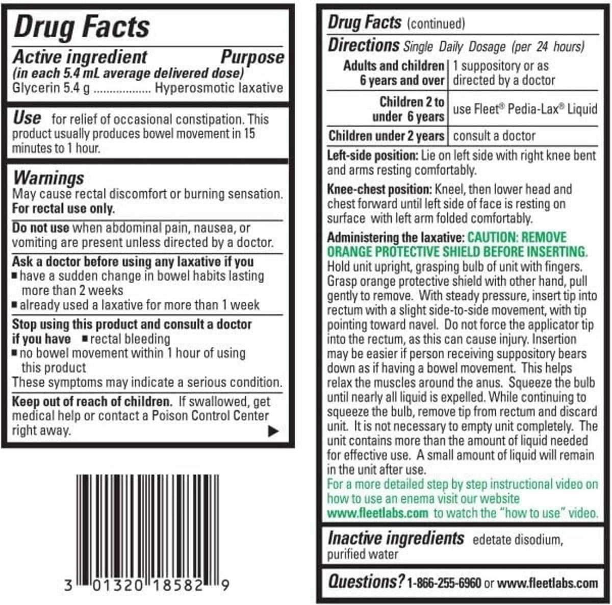 Fleet Drug Facts panel for liquid glycerin suppositories