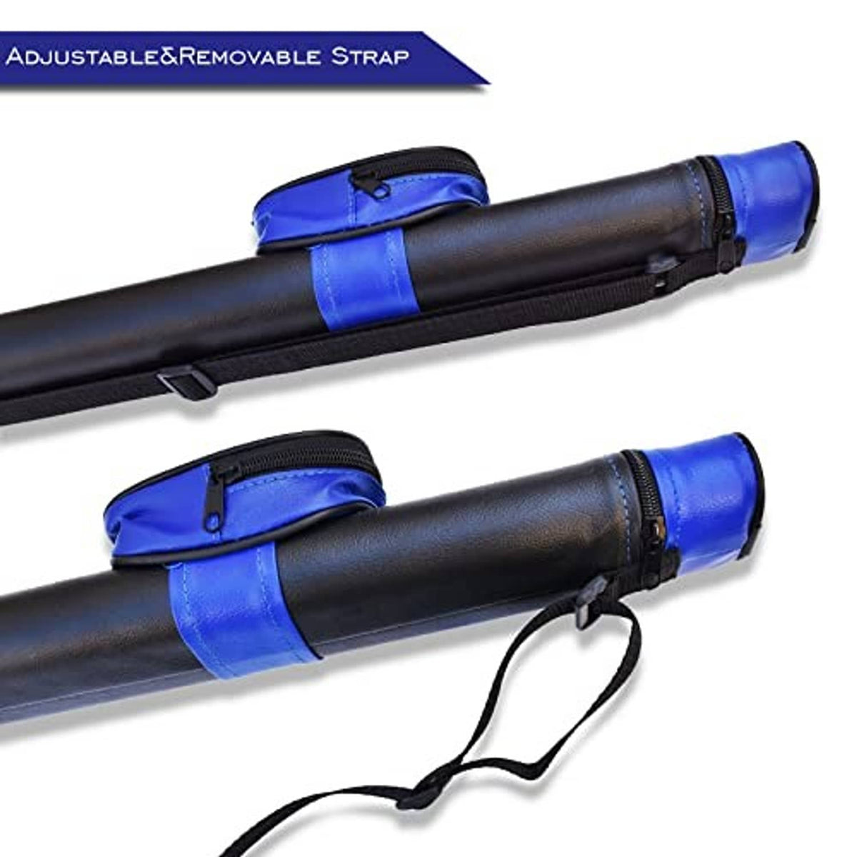 Two-piece pool cue case with adjustable web strap and zippered blue end caps