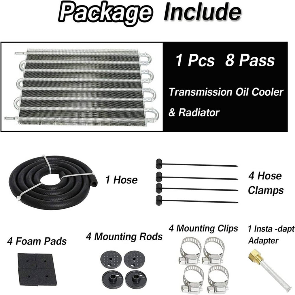 Kit contents: 8-pass transmission oil cooler, black hose, clamps, mounting clips, adapter