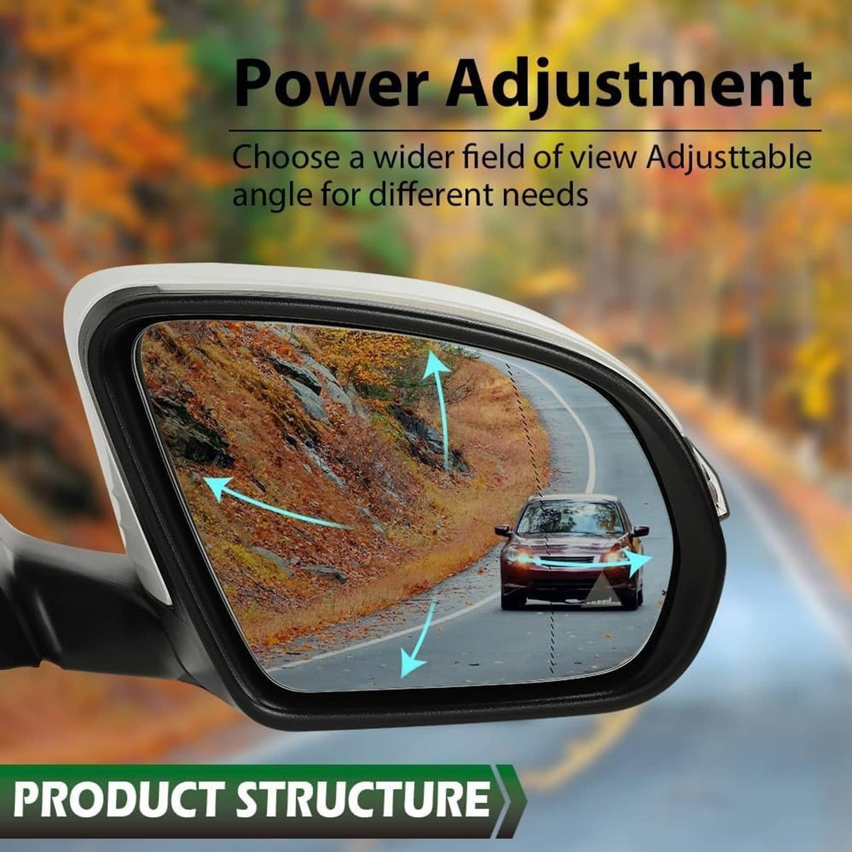 Heated blind spot side mirror with power adjustment, black housing and tinted glass