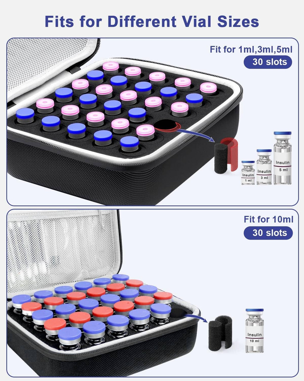 Black insulin vial storage case with top view of foam slots for multiple vial sizes