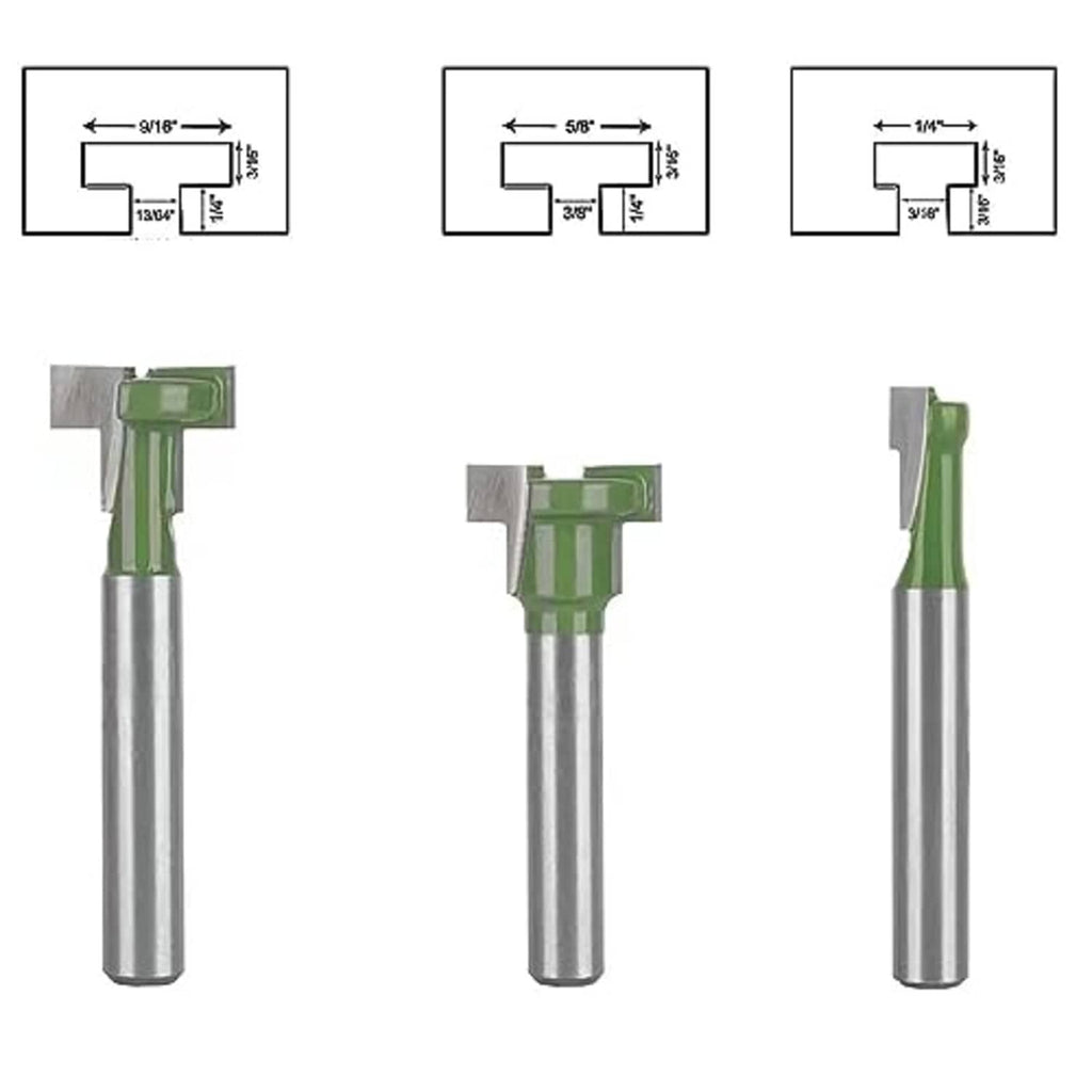 Three keyhole router bits with green cutter tops and silver shanks, shown front view
