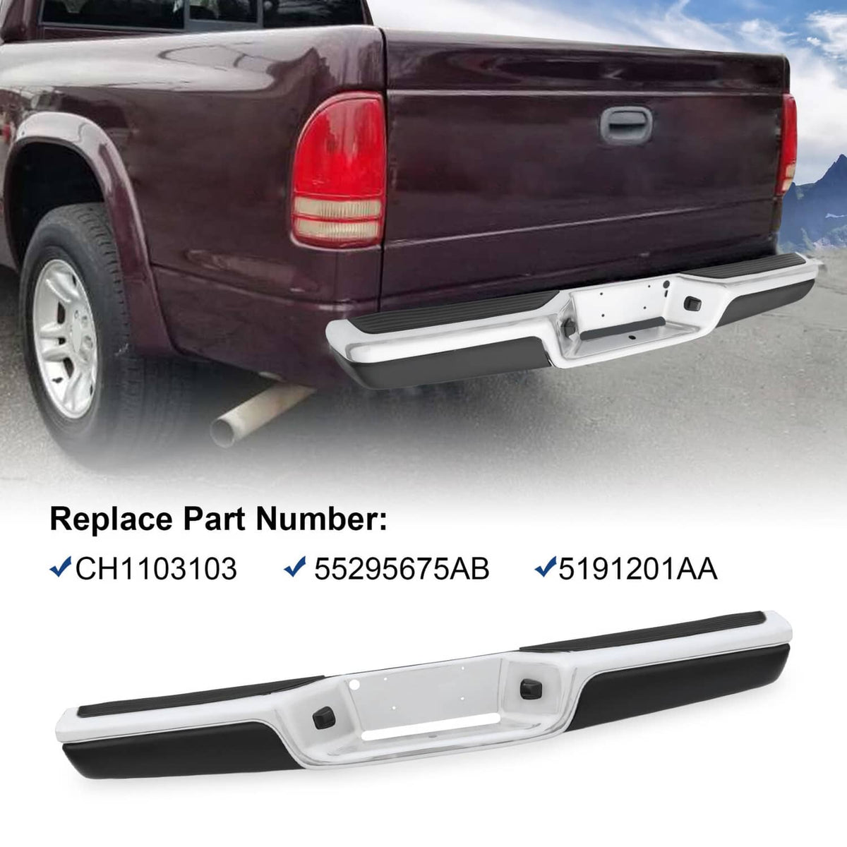Chrome rear step bumper assembly with black step pads installed on a truck rear.