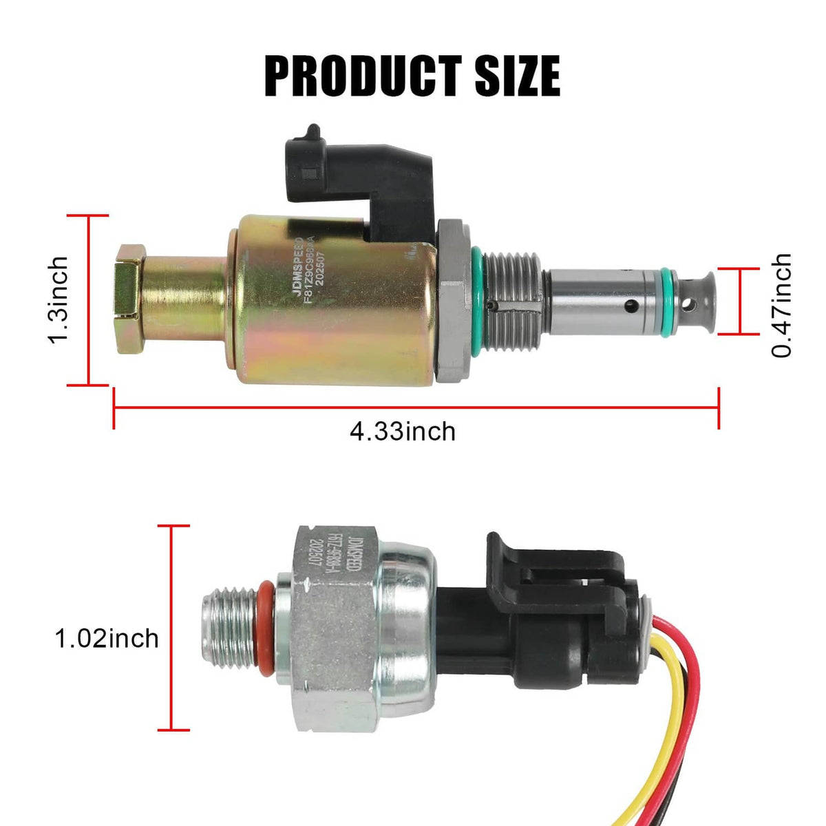 Fuel injection pressure regulator valve side view with threaded port and electrical connector